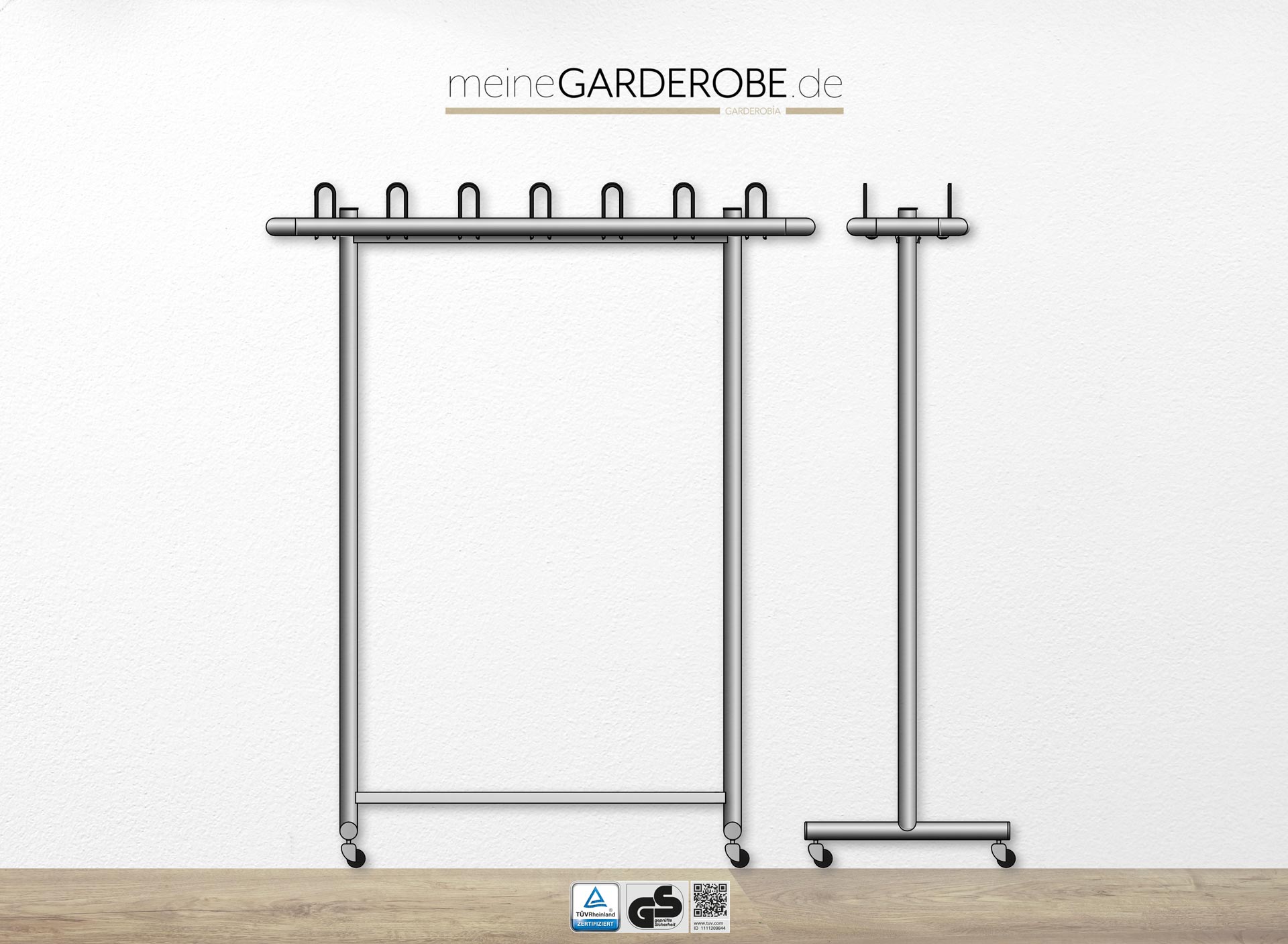 Garderobenständer in Silber eloxiert mit Lenkrollen mit Feststellern - 130 cm
